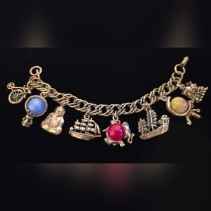 VTG Leru regal Charm Bracelet Buddha Ship Statement Dangle Gold tone Chunky 60s